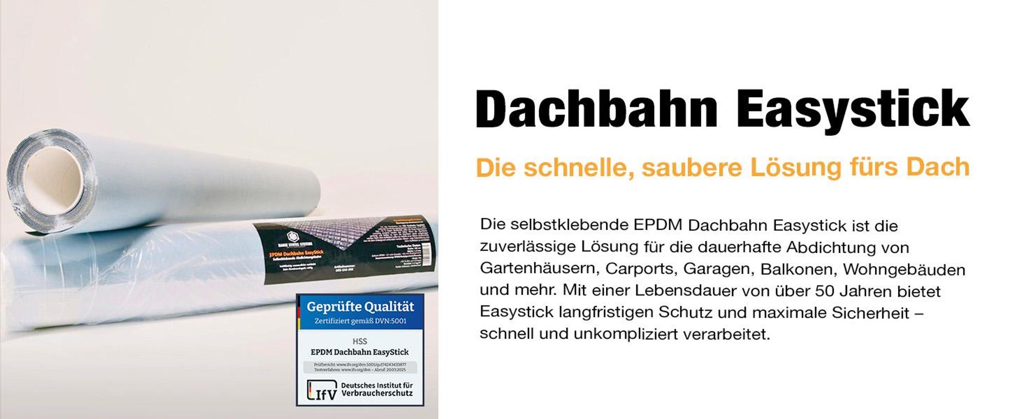 EPDM Dachbahn selbstklebend EasyStick – Dachfolie für Gartenhaus, Carport & Flachdach, wasserdicht, UV-beständig, KSK Abdichtung, schwarz 5m²