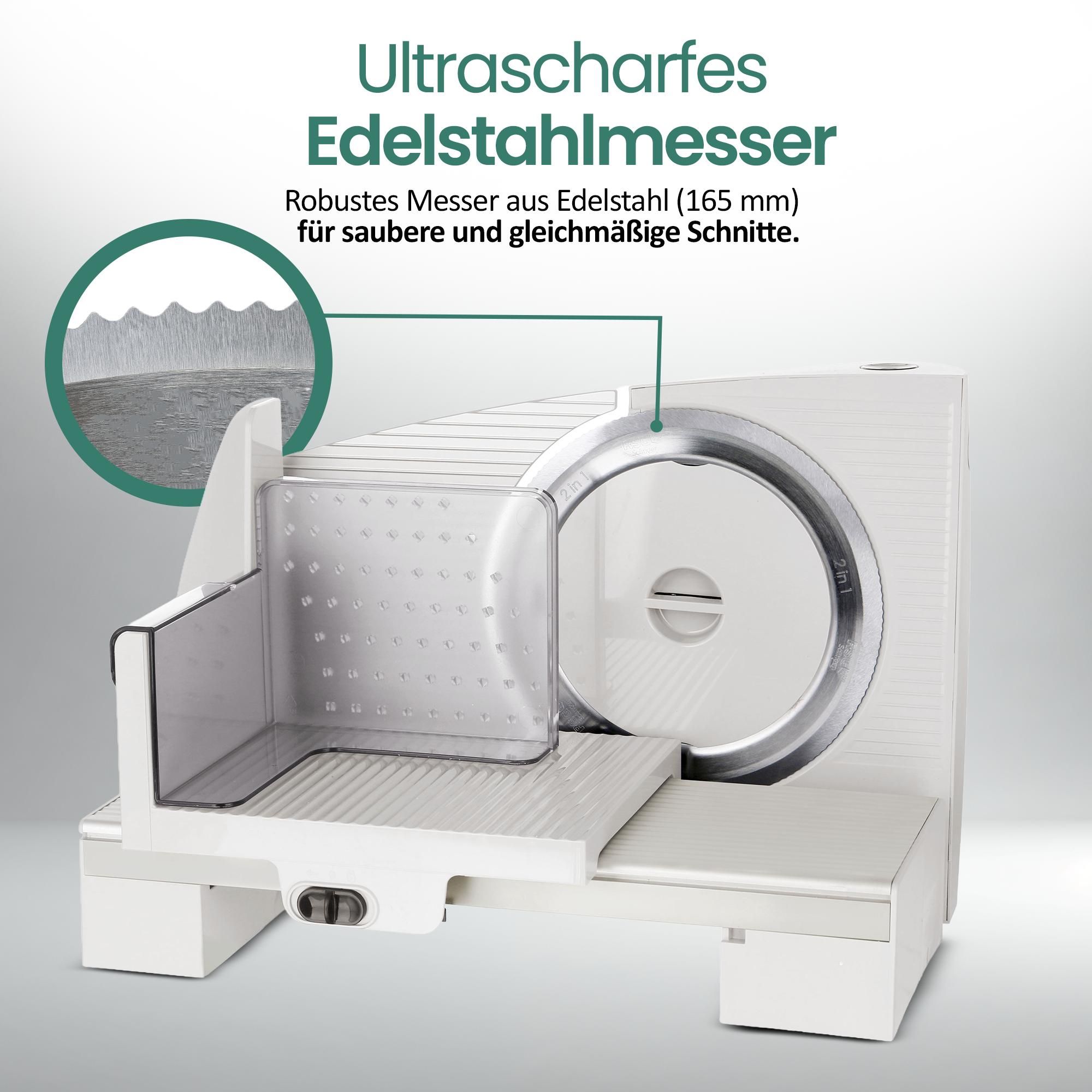 Emerio Multifunktionale Schneidemaschine MS-125001 – 110W – Schnittstärke einstellbar 0–15 mm – Solinger Edelstahlmesser - Allesschneider - Weiß