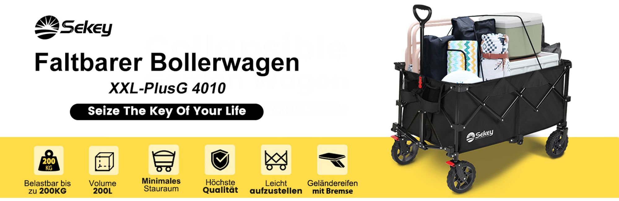 Sekey XXL 200KG Belastbar Bollerwagen Faltbar mit Spanngurte, 17x4 cm Reifen, Schwarz