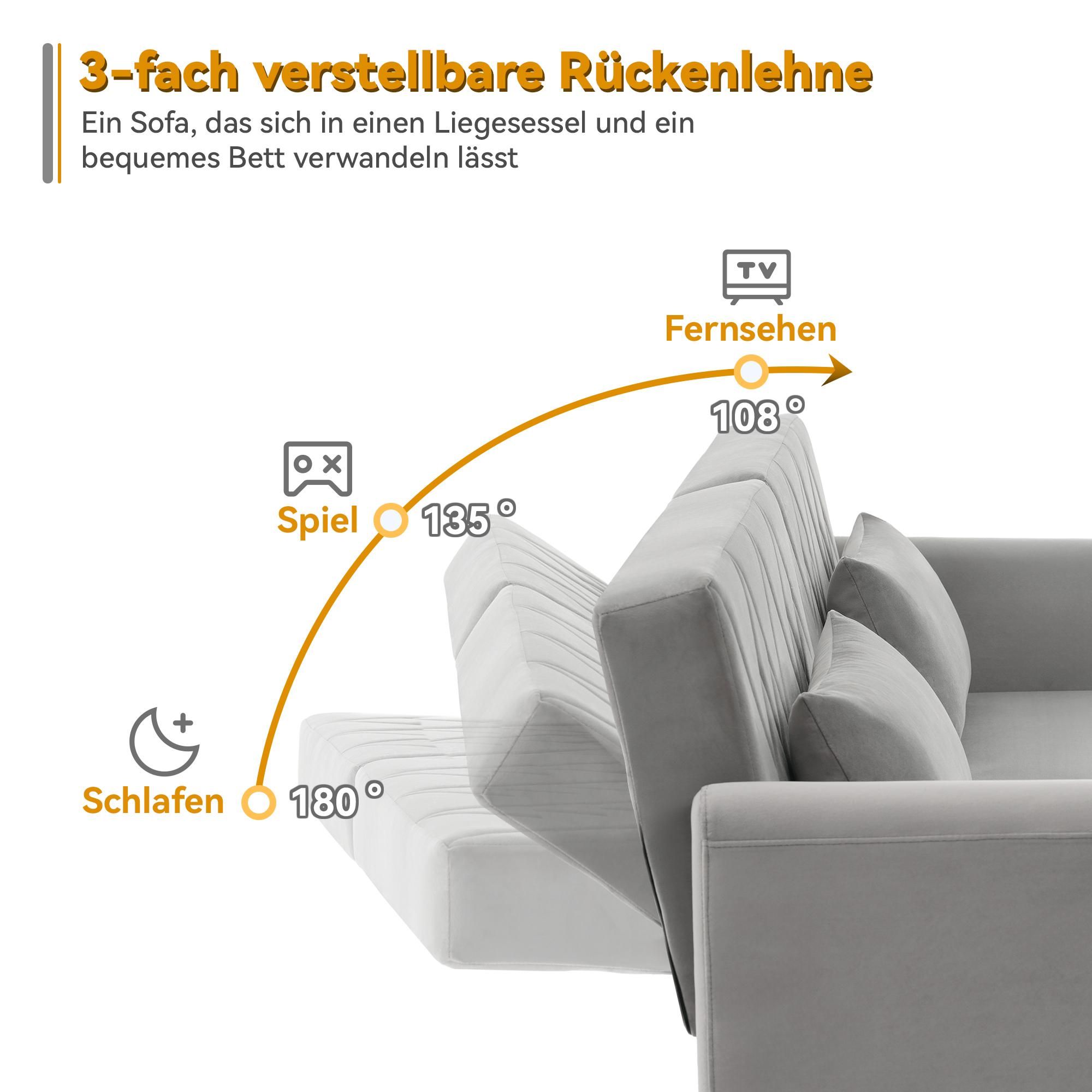 Merax Schlafsofa, Zweisitzer Sofa mit Schlaffunktion, verstellbare Rückenlehne & Armlehnen, 2 Kissen, Couch, Bettsofa, Wohnzimmersofa, Samt, Grau