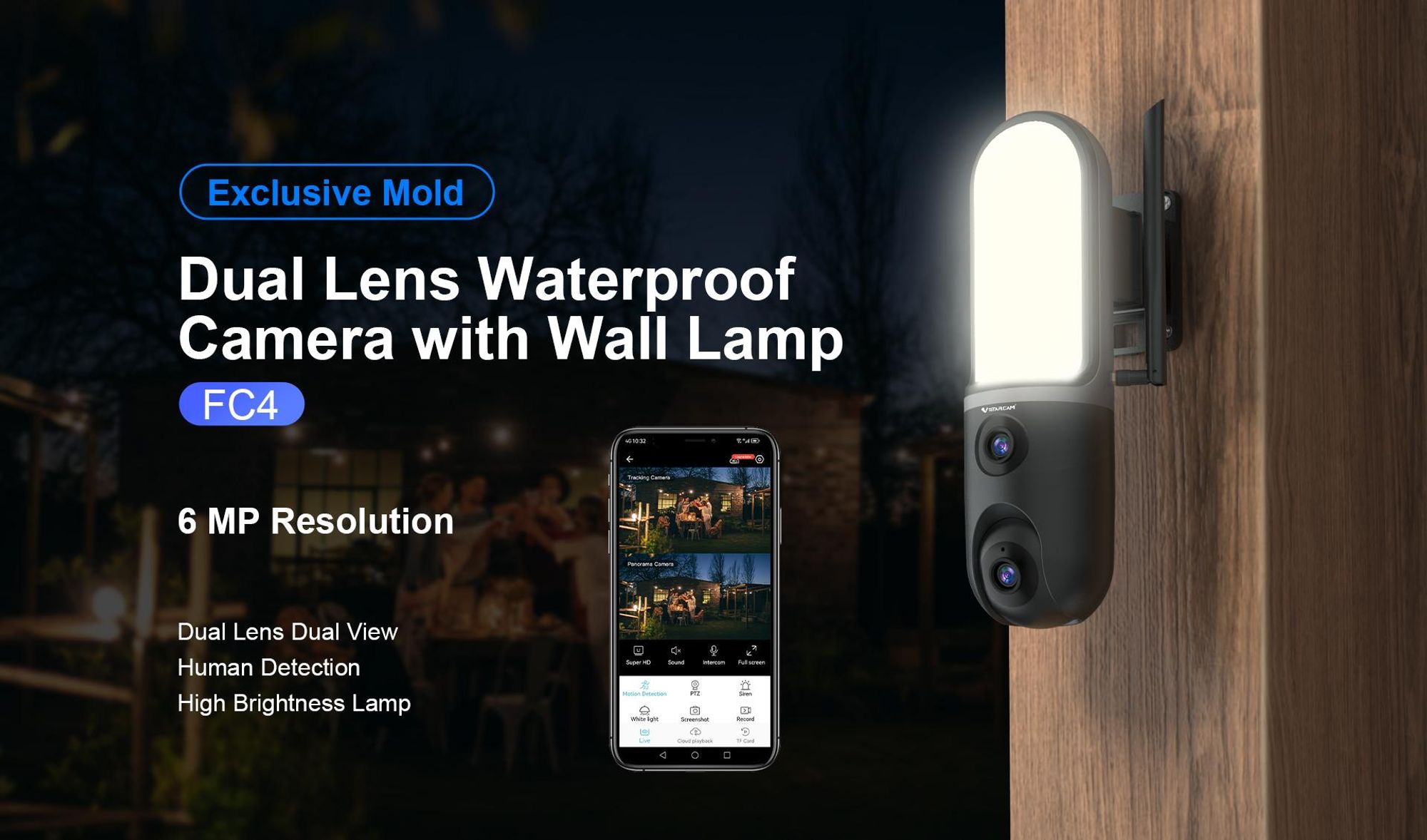 Wandleuchte mit Dual-Objektiv Überwachungskamera, 3MP HD, farbige Nachtsicht, IP66 wasserdicht, PIR Bewegungsmelder, drehbar, Zwei-Wege Audio für Haus
