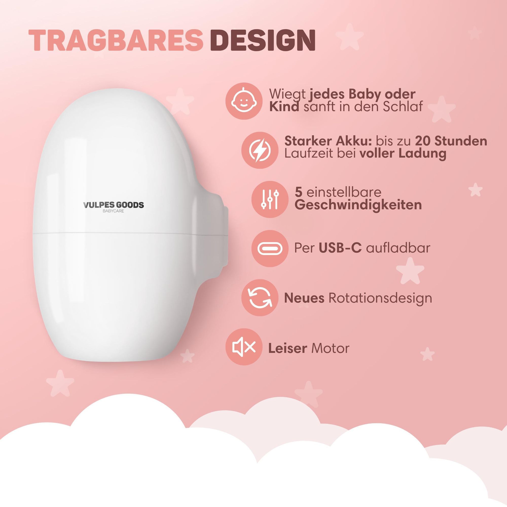 Vulpes Goods Kinderwagenschaukler, Baby-Schaukel für Kinderwagen, Einschlafhilfe für Babys, Automatisches Schaukeln, Inkl. Tragetasche, Weiß