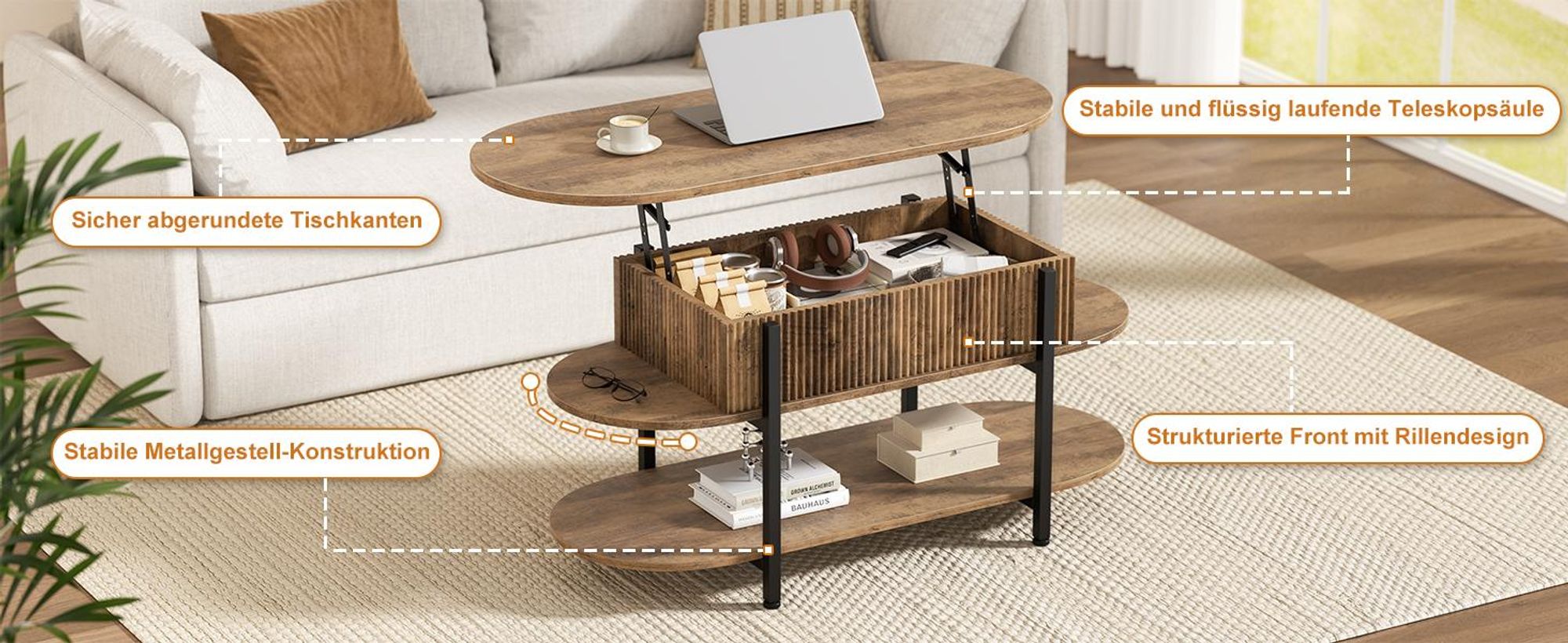 FABATO Couchtisch oval, höhenverstellbar mit verstecktem Stauraum, 3-Etagen-Design im Vintage-Eichen-Look