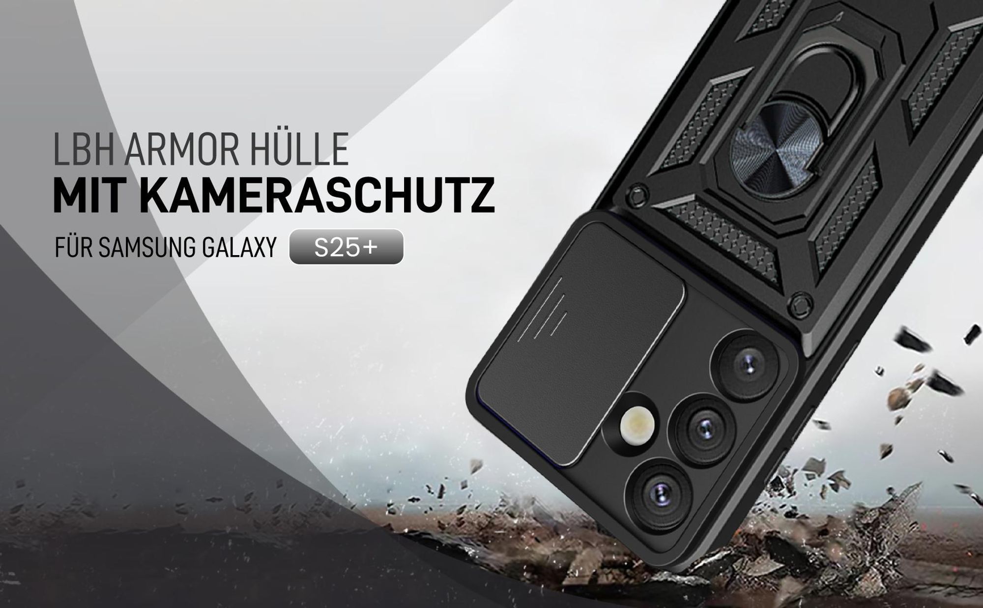 Schwarze Outdoorhülle mit Kameraschutz für Samsung Galaxy S25+