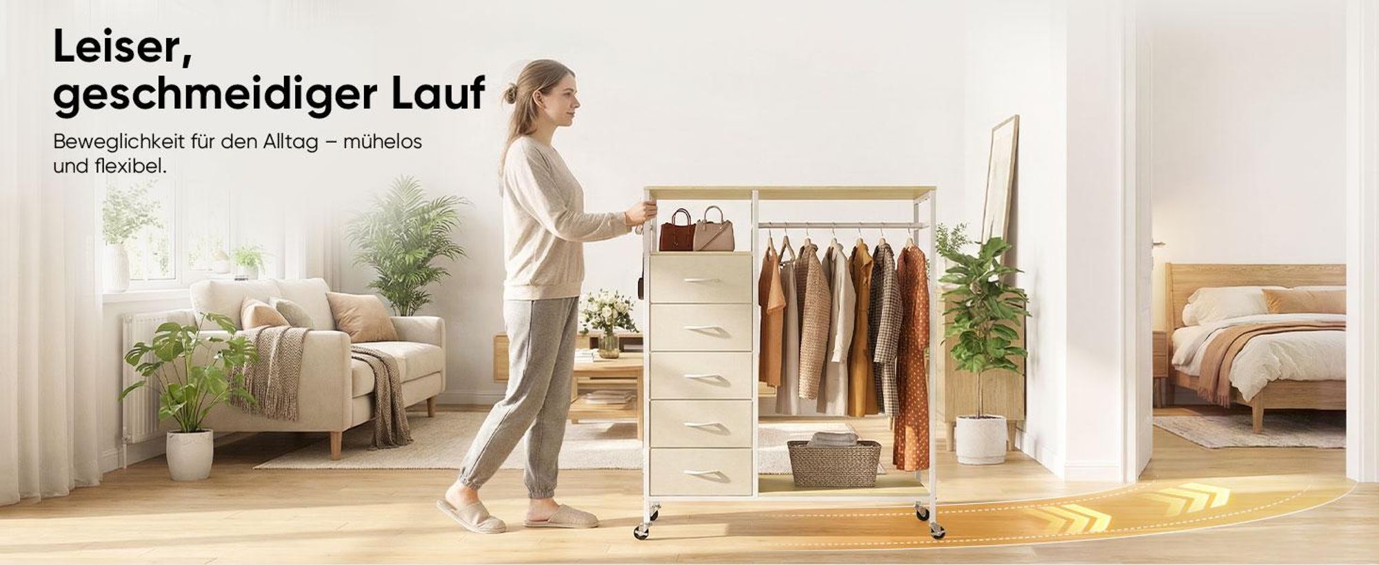 HOKEEPER fahrbarer Kleiderständer mit Schubladen, Haken, Beige, Offener Kleiderschrank, Kleiderstange