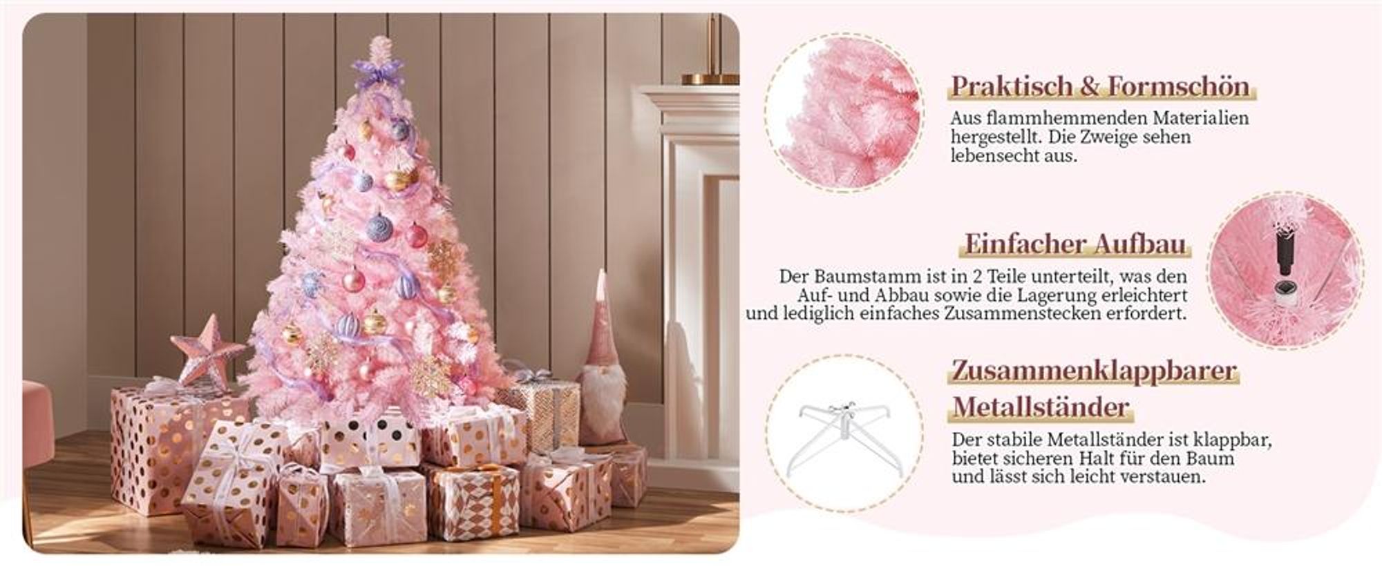 Yaheetech 124 cm Künstlicher Weihnachtsbaum mit 208 Spitzen & faltbarem Metallständer, Tannenbaum Kunstbaum für Weihnachten, rosa