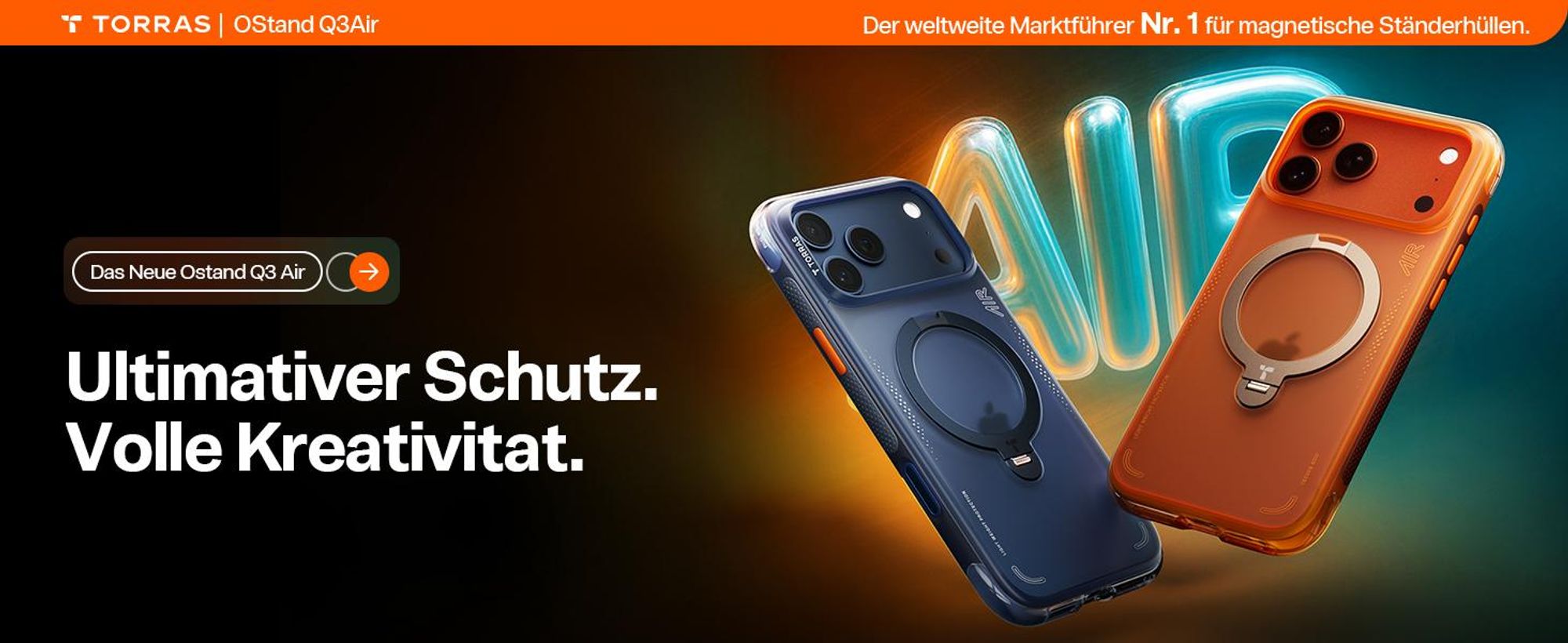 TORRAS für iPhone 17 Pro Max Hülle Ostand Q3 Air mit echtem Airbags Doppelter Schutz 360° Magnetischer Robust Ständer Matt Handyhülle mit Orange