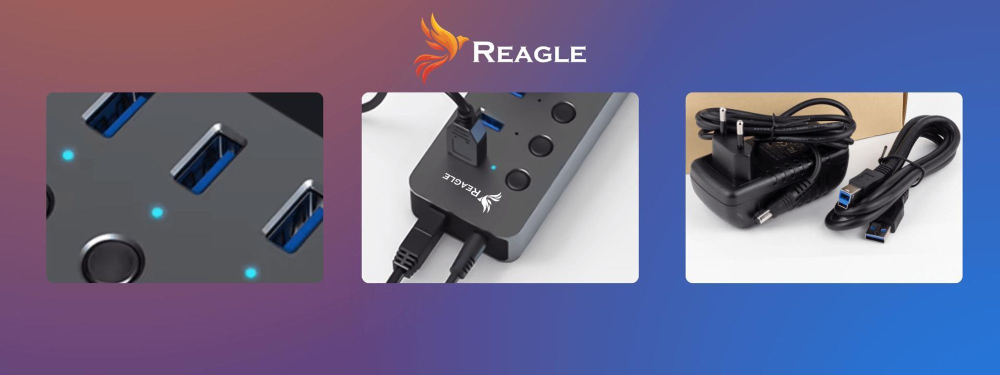 USB 3.0 Hub Aktiv 7 Port Reagle USB A Multiport Adapter mit Netzteil 24W Einzeln Schaltbar Ein Aus Schalter Datenhub für Laptop PC Silber