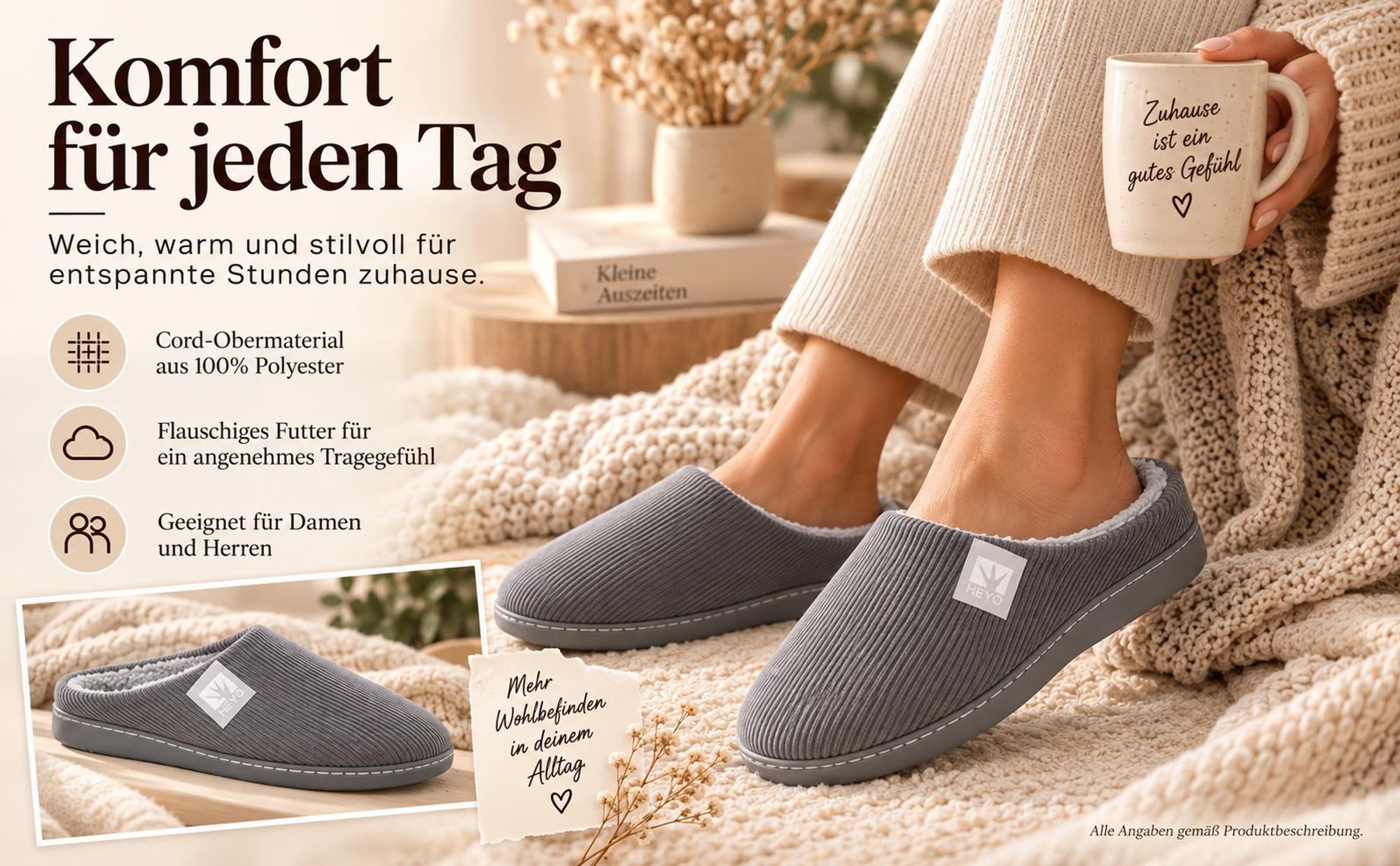 Uni Premium Cord Hausschuhe HEYO Pantoffeln Memory-Foam Teddy-Futter Slippers 40/41