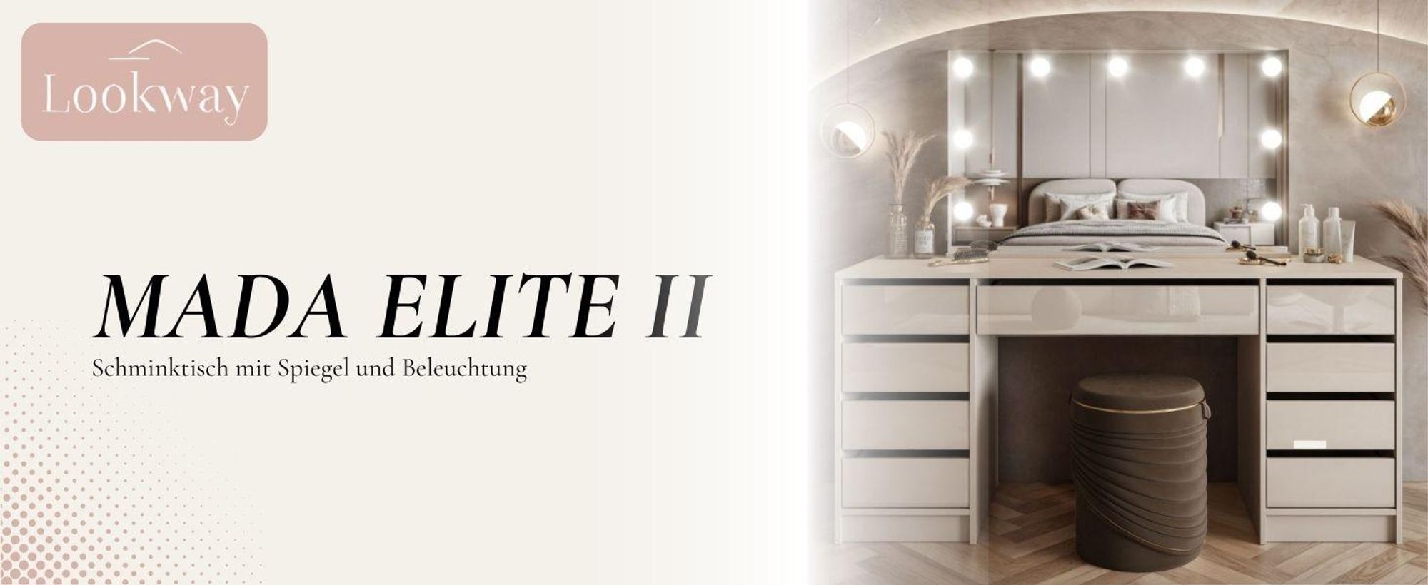 Schminktisch MADA ELITE II 152x75x55 cm mit dimmbarer LED-Beleuchtung und grifflos