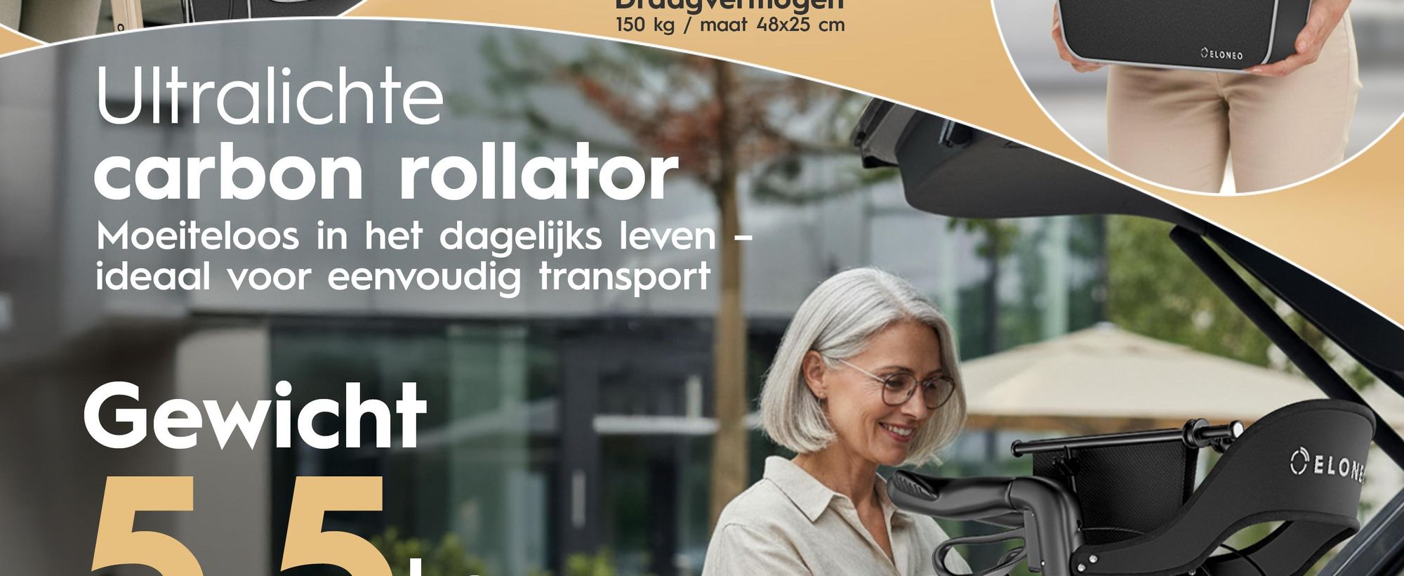 ELONEO Carbon rolstoel, inklapbaar en lichtgewicht, met zitplaats, lichtgewicht reiskruk, ultralicht, crème - maat L