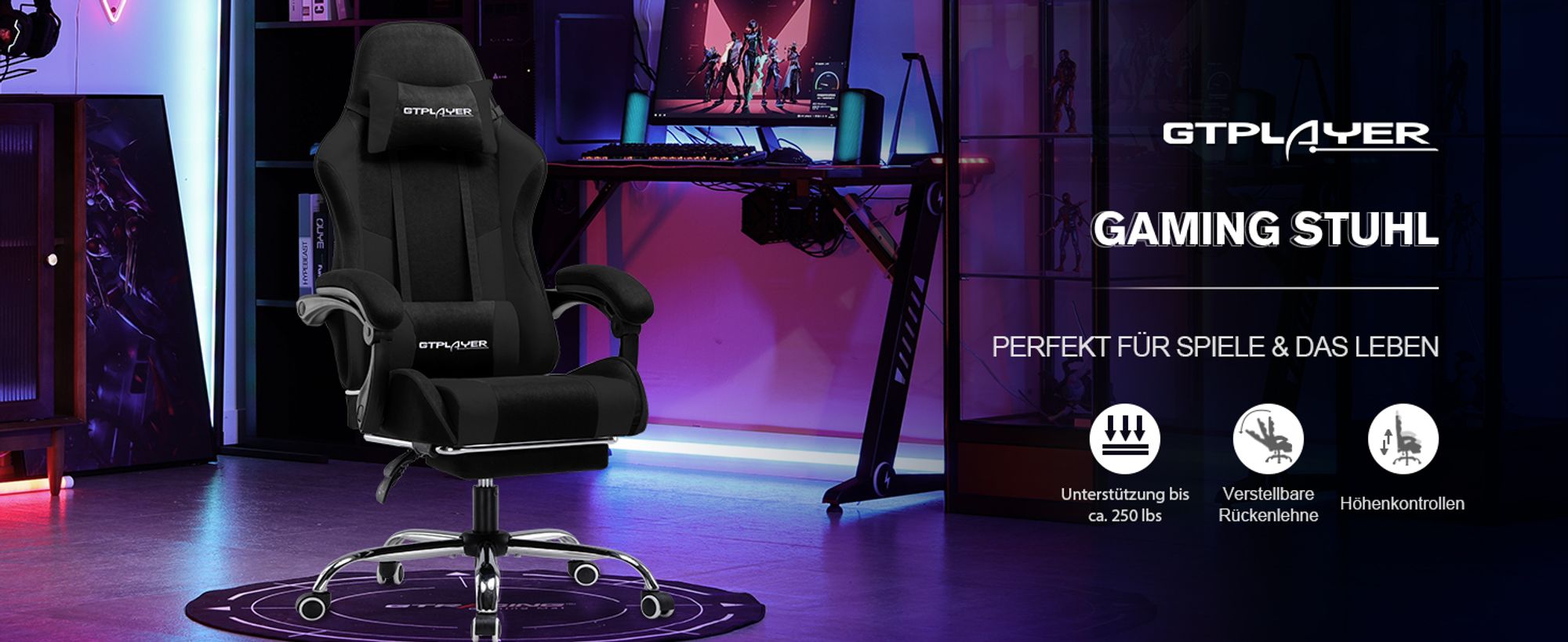 GTPLAYER Bürostuhl Gaming Stuhl Stoff Gaming Sessel Ergonomischer Gamer Stuhl mit Fußstütze, Kopfstütze Lendenkissen, Gepolstert Gaming Chair, schwarz