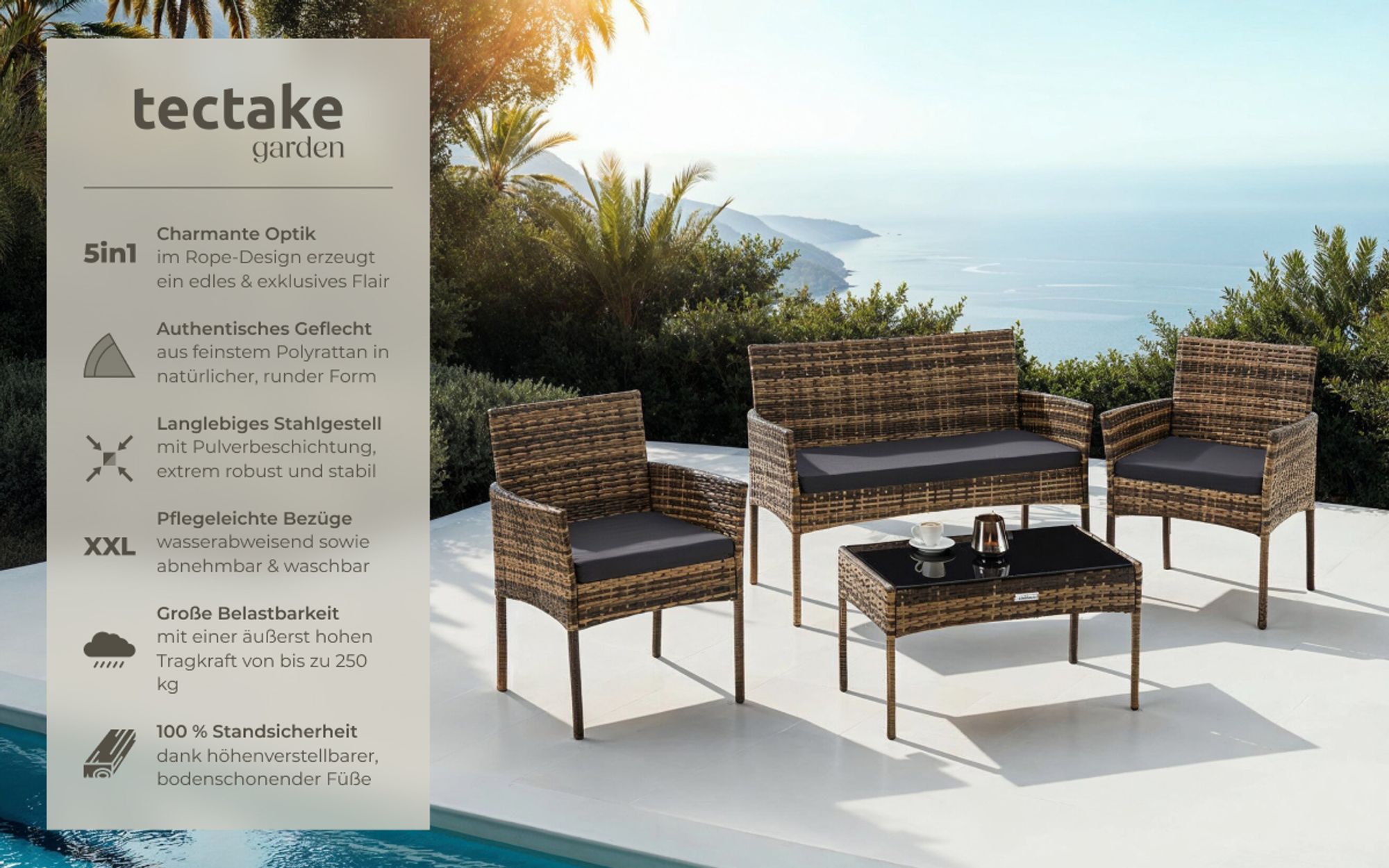 tectake® Rattan Gartenset Palese für 4 Personen