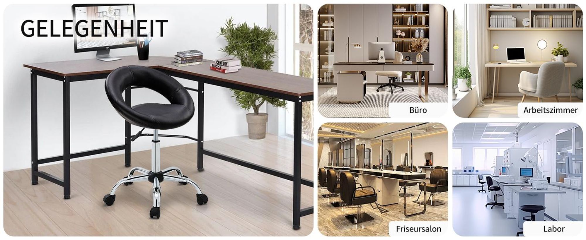Duhome Rollhocker Drehhocker Schminkhocker Kunstleder Drehstuhl mit Lehne Bürohocker Höhenverstellbar, Schwarz