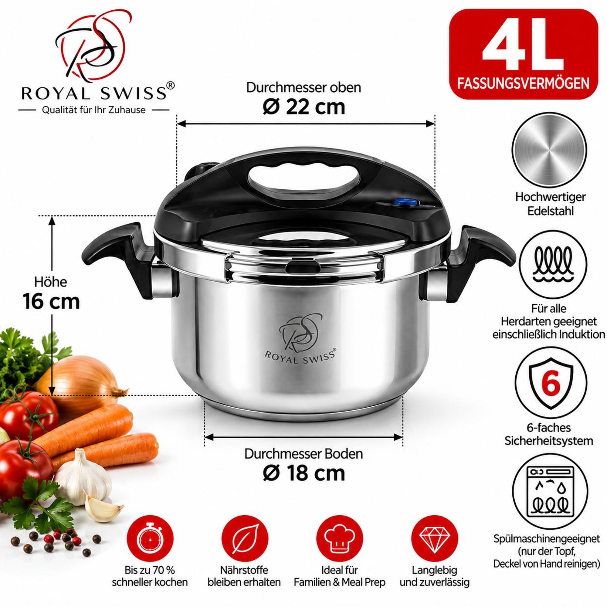 Royal Swiss Schnellkochtopf 4L – Edelstahl, Ø 22 cm, für Induktion geeignet