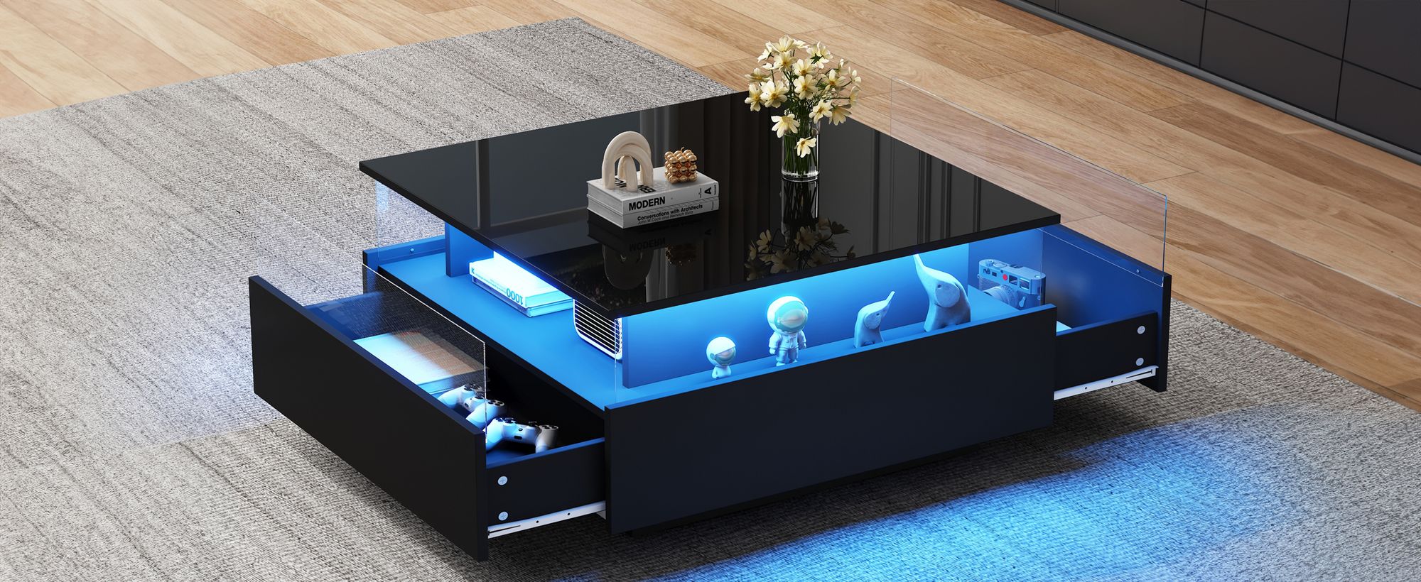 okwish Couchtisch Quadratischer, LED-Hochglanz Beistelltisch für Schlafzimmer, Wohnzimmertische mit Stauraum fürs Wohnzimmer, Beistelltisch mit 2 Schubladen und transparentem Präsentationsbereich,Schwarz