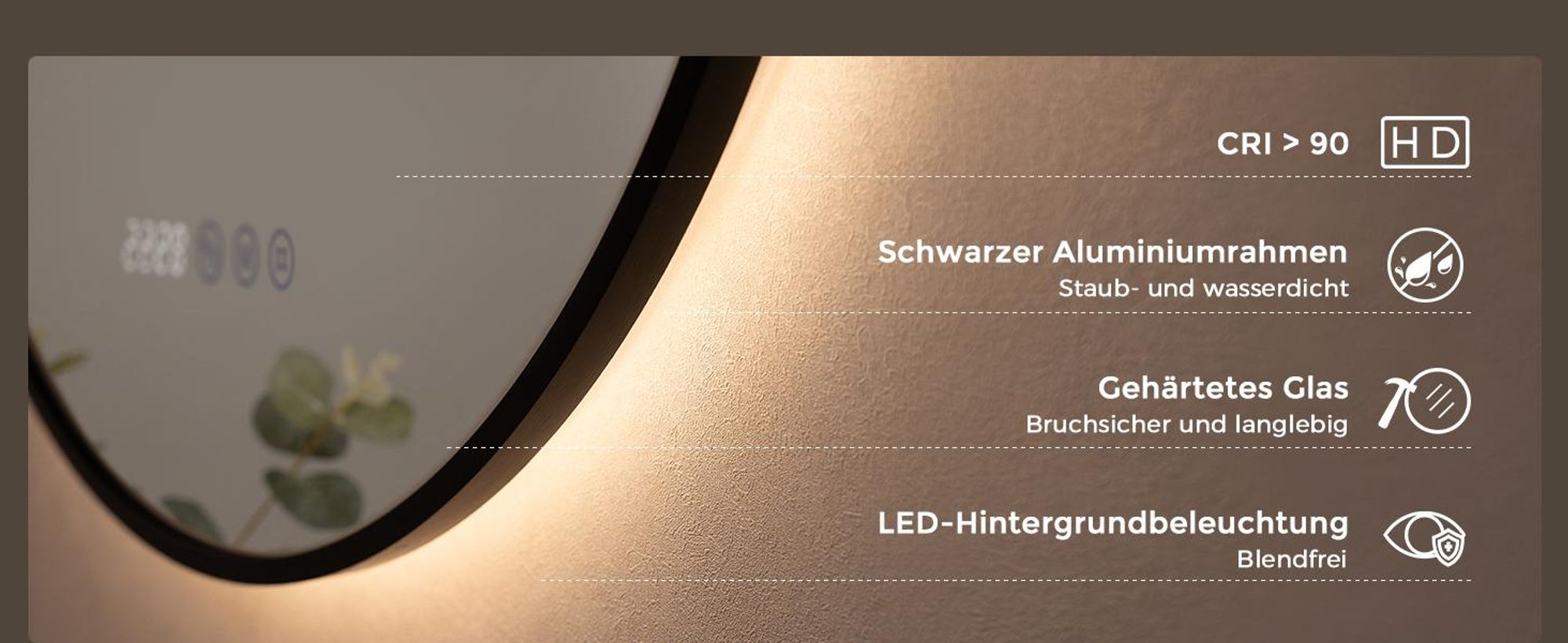 S'AFIELINA Badspiegel mit Beleuchtung Rund 70 cm Diameter,LED Badspiegel mit Touch, Beschlagfrei, Dimmbar, 3 Lichtfarben, Uhr, Temperatur,Schwarzer