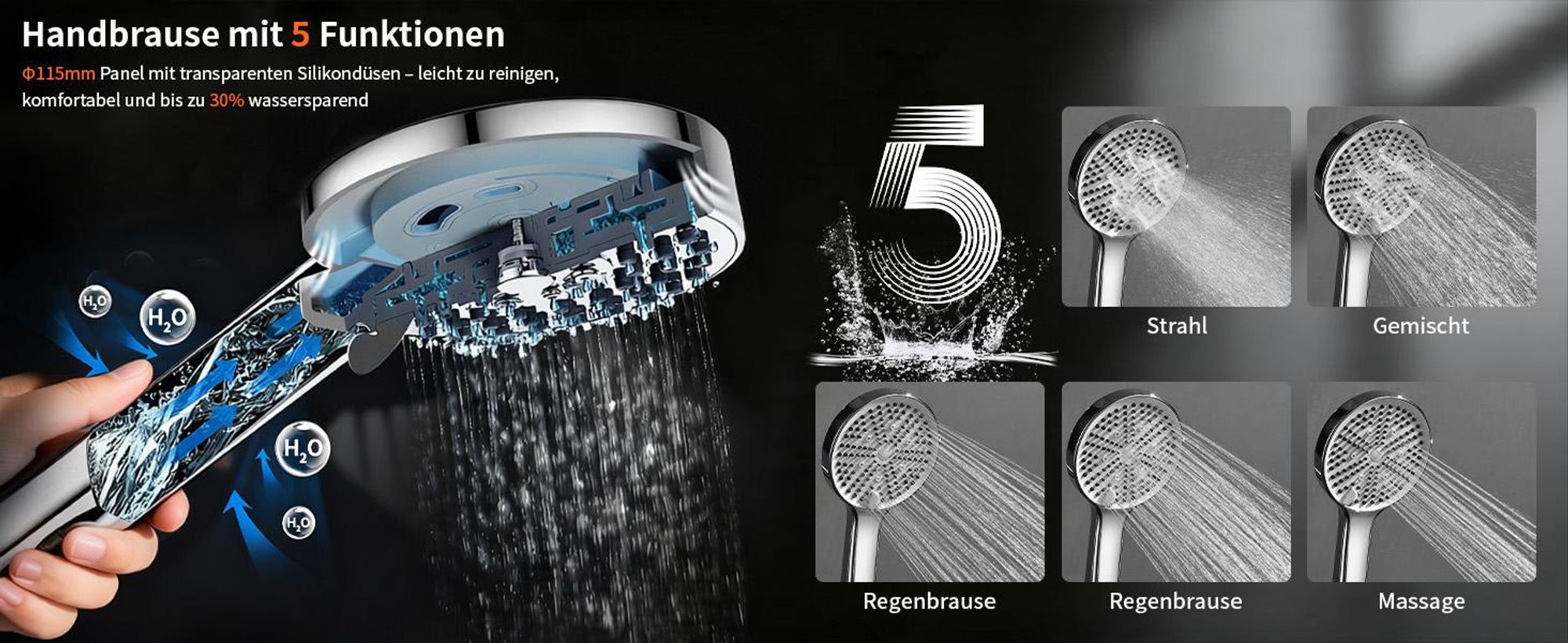 Homelody Duschsystem ohne Armatur, Duschset Duschsäule mit SUS304 Edelstahl Duschablage 30cm kopfbrause & Handbrause Quadratisch 3 Strahlarten Chrom