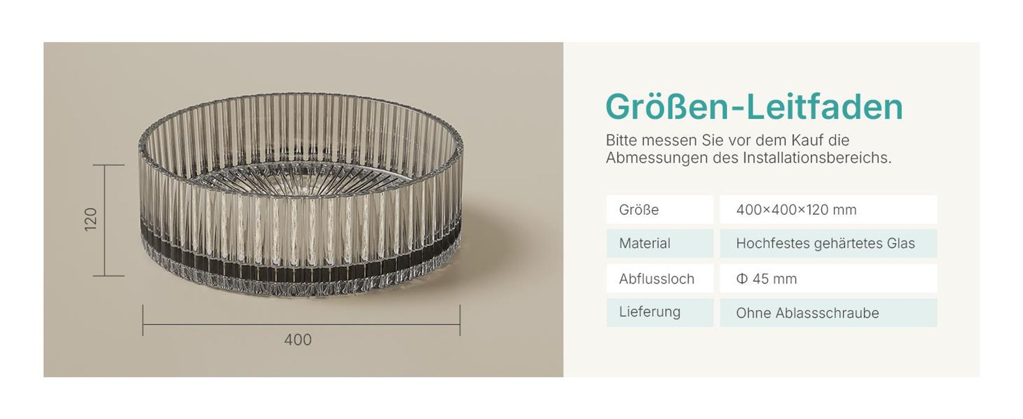 EMKE Aufsatzwaschbecken Rund 400x400x120mm aus gehärtetem Kristallglas Transparent grau Elektroplattiert, ohne Hahnloch & Überlauf, Modernes Design