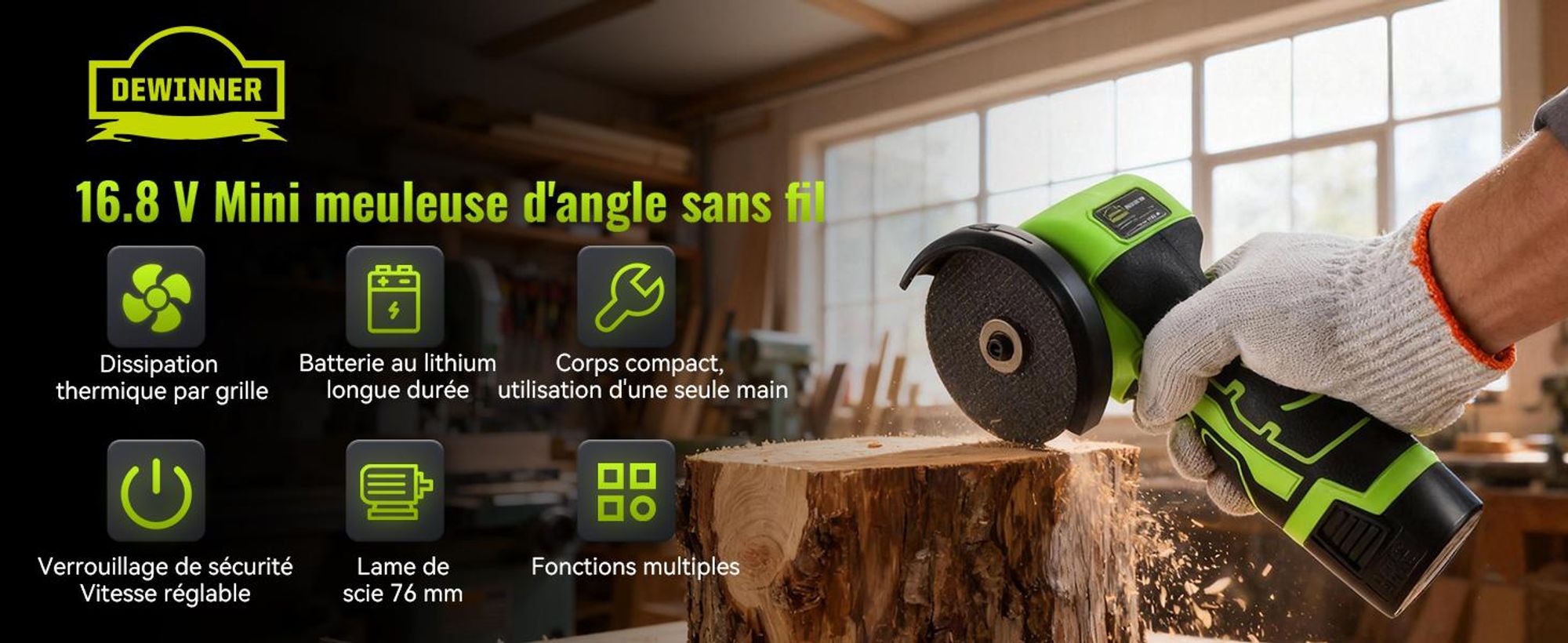 DEWINNER Meuleuse d'Angle Sans Fil 19 500 RPM - Disqueuse 76mm, 2 Batteries 2000mAh, 6 Disques de Coupe et Boîte de Transport - Pour Meulage, Polissag