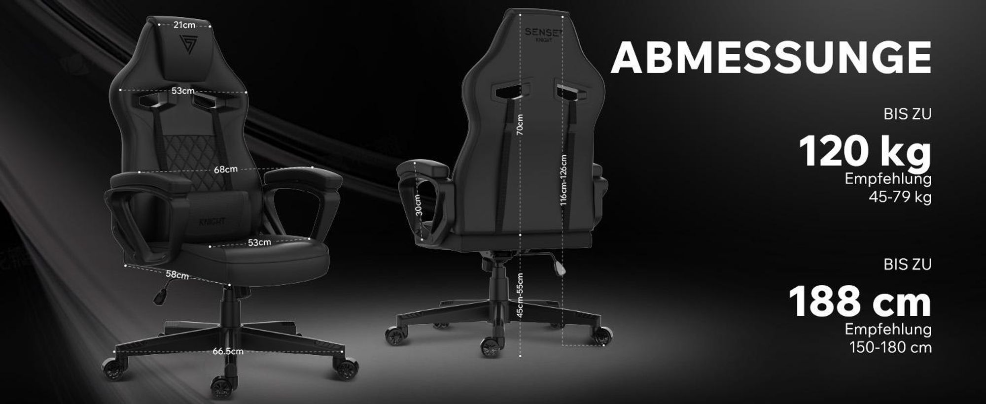 SENSE7 Knight Gaming Stuhl Kunstleder Schwarz-Grau - Ergonomischer Bürostuhl PC Schreibtischstuhl Zockerstuhl Wippfunktion Gamer 120 kg