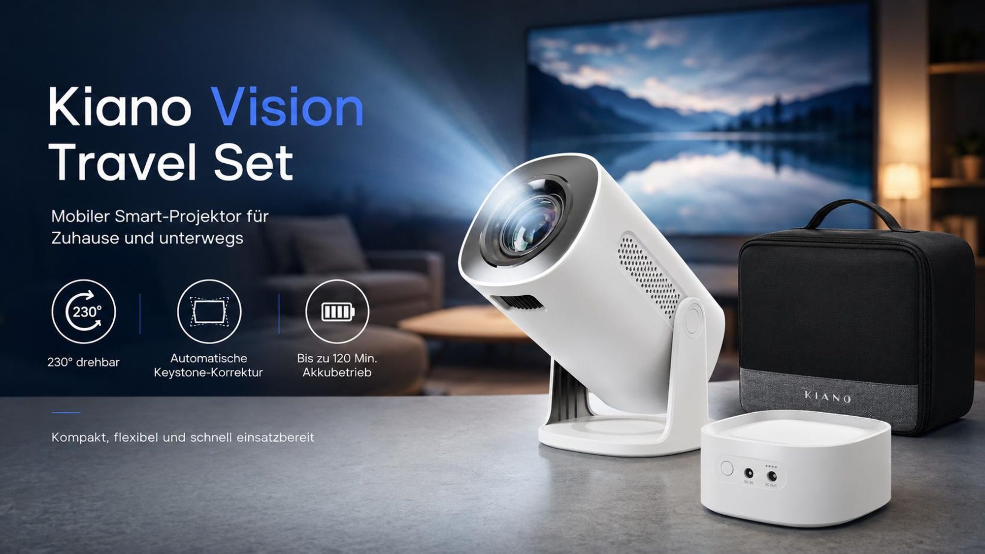Kiano Vision Mini Beamer tragbar, 1280x720 HD, Android 11 Smart TV, Akku