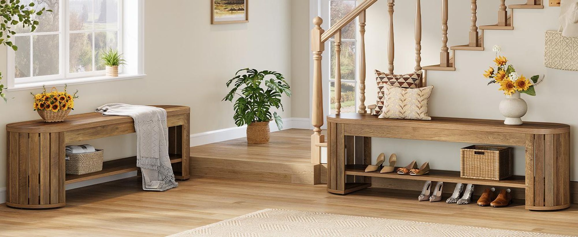 Tribesigns Schuhbank holz, Sitzbank mit gebogenen, vertikalen Lattenbeinen, 160 x 35 x 45 cm, für Eingangsbereich, Schlafzimmer, Wohnzimmer