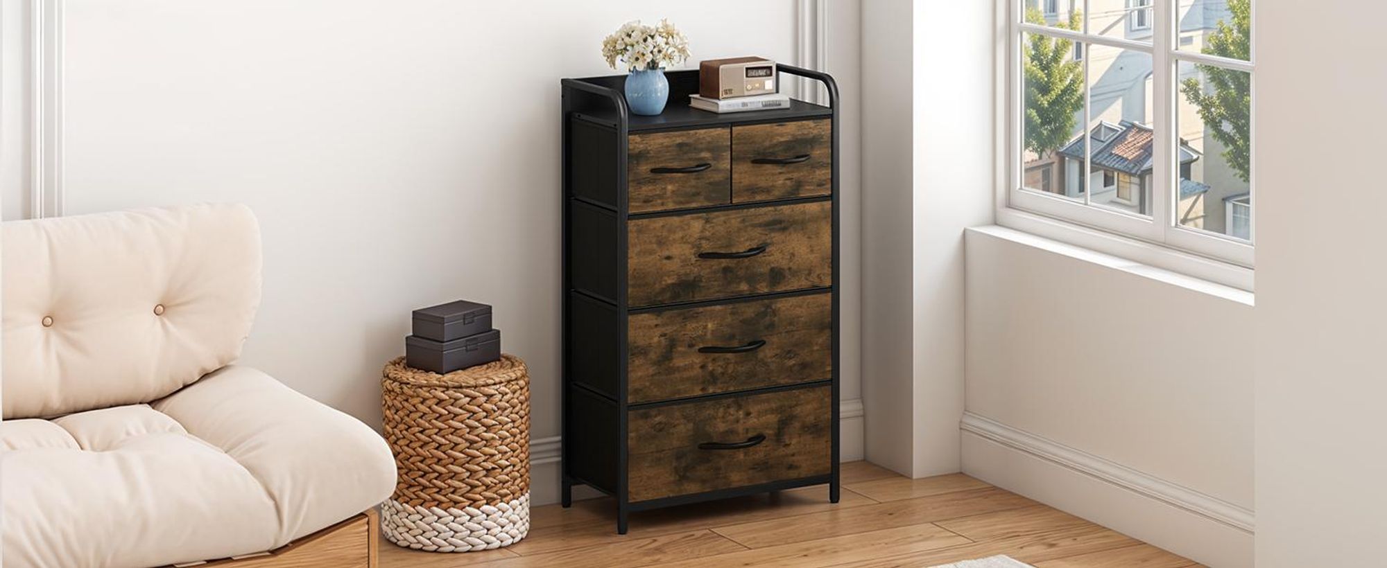 YITAHOME Schubladenschrank, Kommode mit 5 Stoffschubladen, Aufbewahrungsschrank, 58x29x100cm, Braun