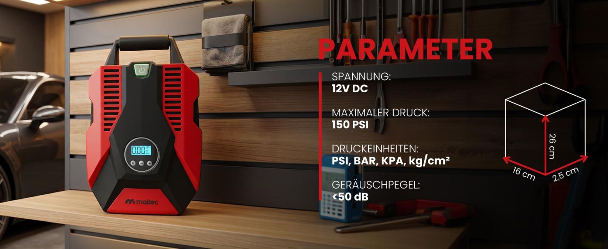 Starke Auto Kompressor 12V Reifenfüller mit 150 PSI Digitalanzeige 3 Düsen für Auto, Fahrrad