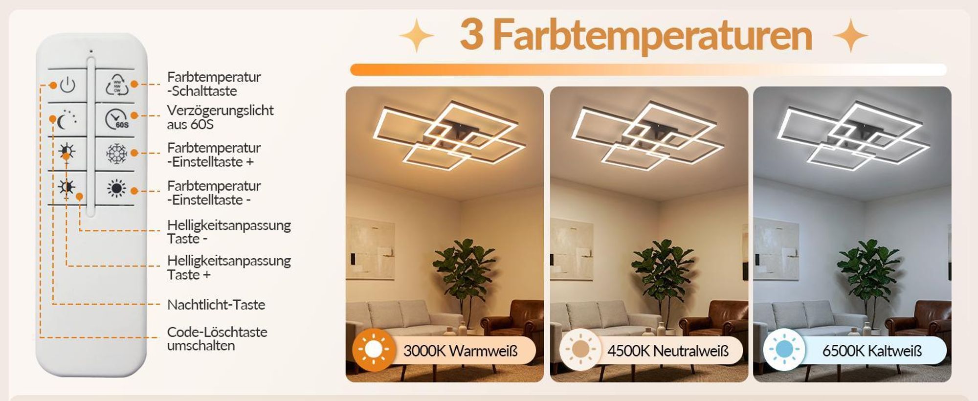 Lampa sufitowa LED ZMH do salonu, z regulacją jasności, 43 W, lampa sufitowa do salonu z pilotem, prostokątna, lampa do sypialni