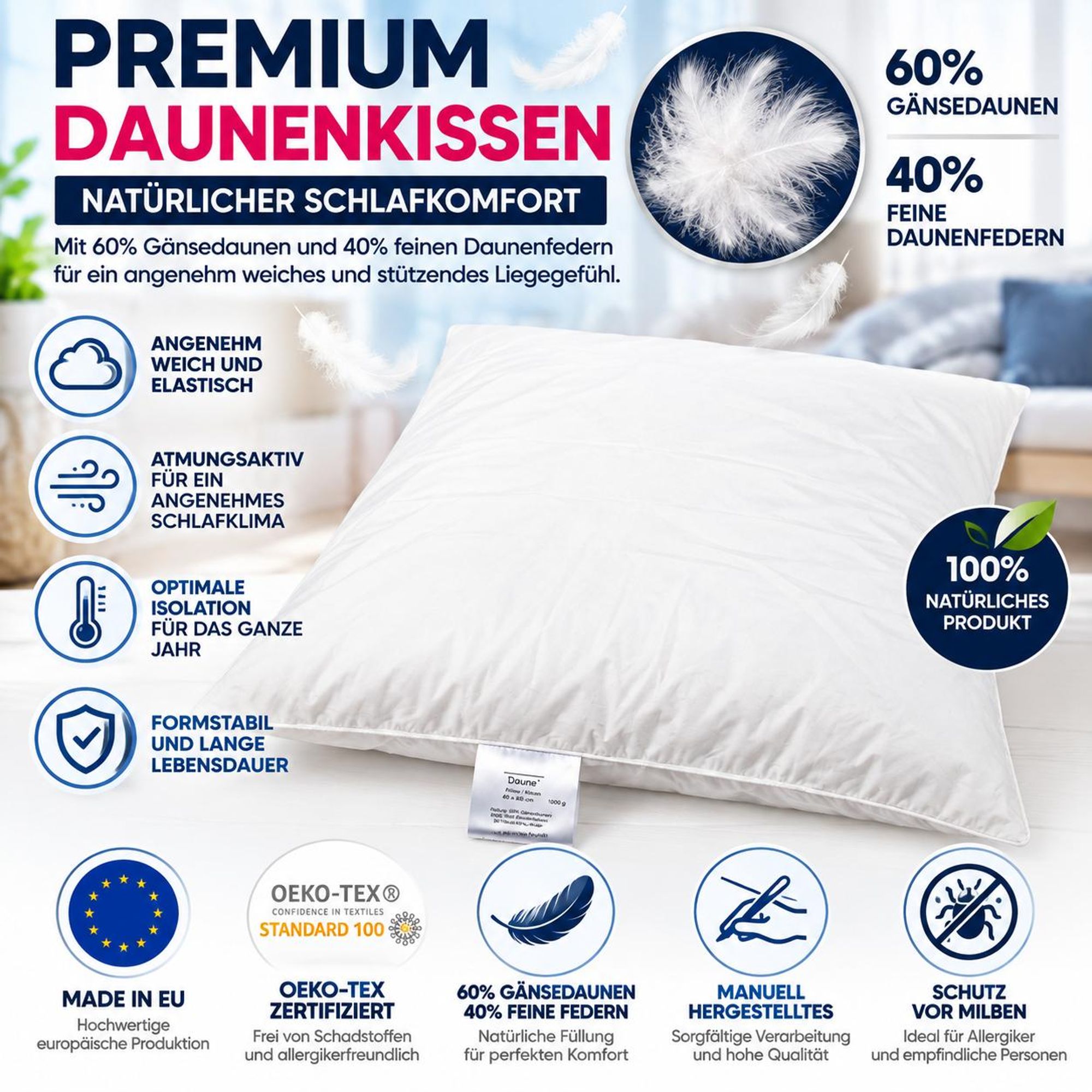 1-er Set | Kopfkissen 80x80 cm | Füllung: 1500 Gramm Daunen | 100% Natur Kissen | Bezug: 100% Baumwolle | Daunenkissen 80 x 80 cm