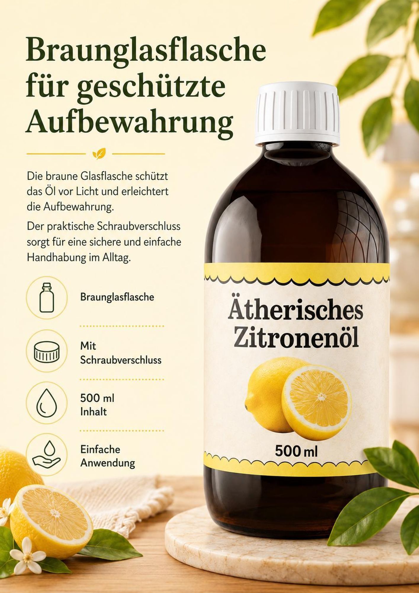Zitronenöl 500 ml, 100% natürliches ätherisches Öl, Citrus Limon Peel Oil, für Diffuser, Aromatherapie & DIY-Kosmetik | Pure Chemical™