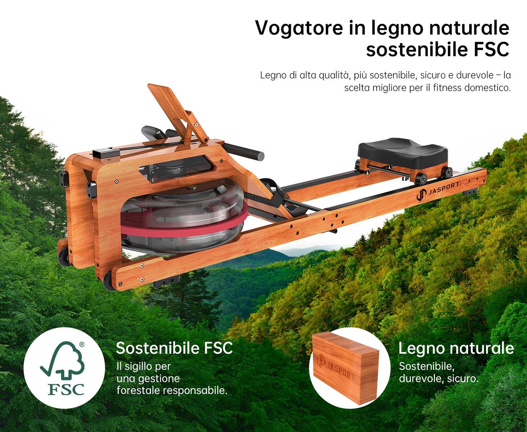 JASPORT R3 Vogatore pieghevole con display LCD Bluetooth, compatibile con Kinomap, serbatoio dell'acqua da 28 litri, portata massima 150 kg - Colore ciliegio