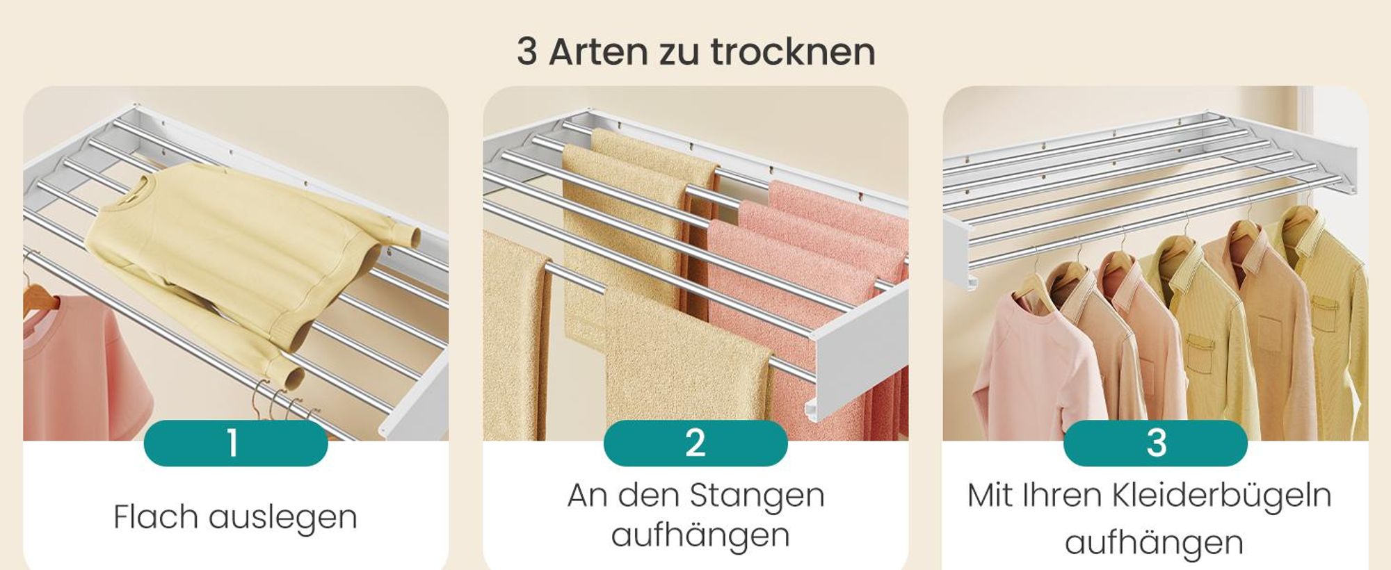 SONGMICS Wandtrockner ausziehbar, klappbarer Wäschetrockner mit 6 Stangen, platzsparend für innen und außen, 100 cm, weiß