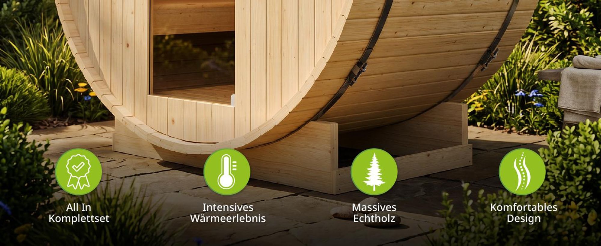 Artsauna Outdoor Fasssauna Spitzbergen 120 für 2 Personen - 3,6 kW Ofen & Zubehör