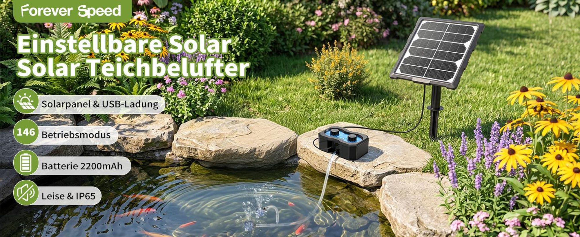 Forever Speed 3W Solar Teichbelüfter, Aufladbar Solar Sauerstoffpumpe mit Solarmodul und Pumpe für Teich Aquarium Fischzucht 146 einstellbare Modi