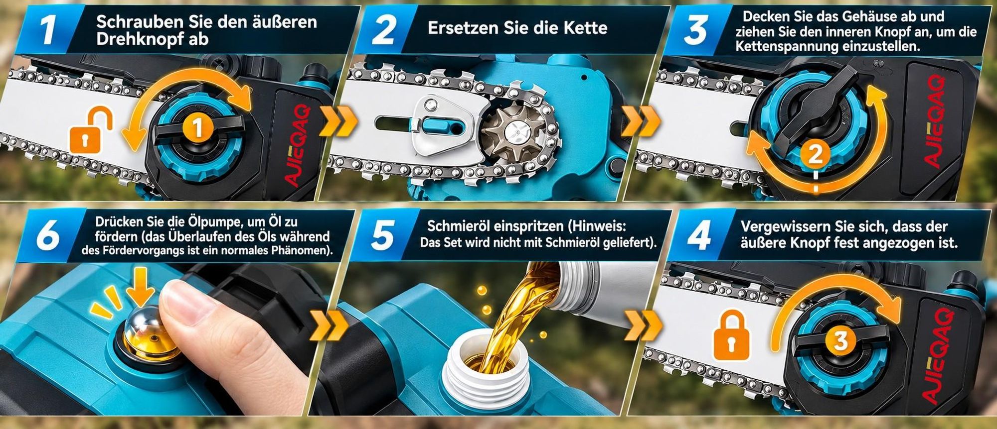 Akku-Kettensäge 6/8 Zoll, 2-in-1 Mini Kettensäge Brushless, 1500W, 2×21V 4,0Ah Akku, Automatische Kettenschmierung, Werkzeuglose Kettenspannung