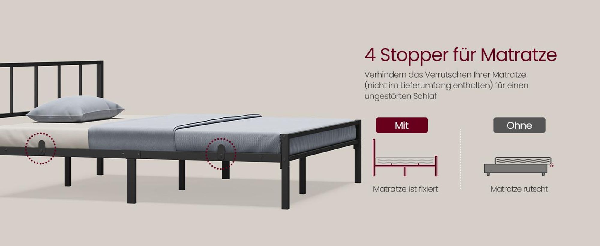 VASAGLE Metallbett 160 x 200 cm, stabiler Bettrahmen mit Kopfteil und Lattenrost, Bettgestell, einfache Montage, schwarz