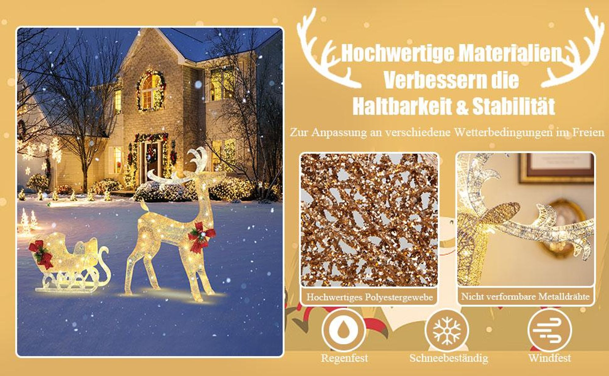 COSTWAY LED-Rentier mit Schlitten & 100 warmweißen Lichtern, beleuchtete Rentier Weihnachtsfigur, Weihnachtsdeko Weihnachtsbeleuchtung Außen & Innen