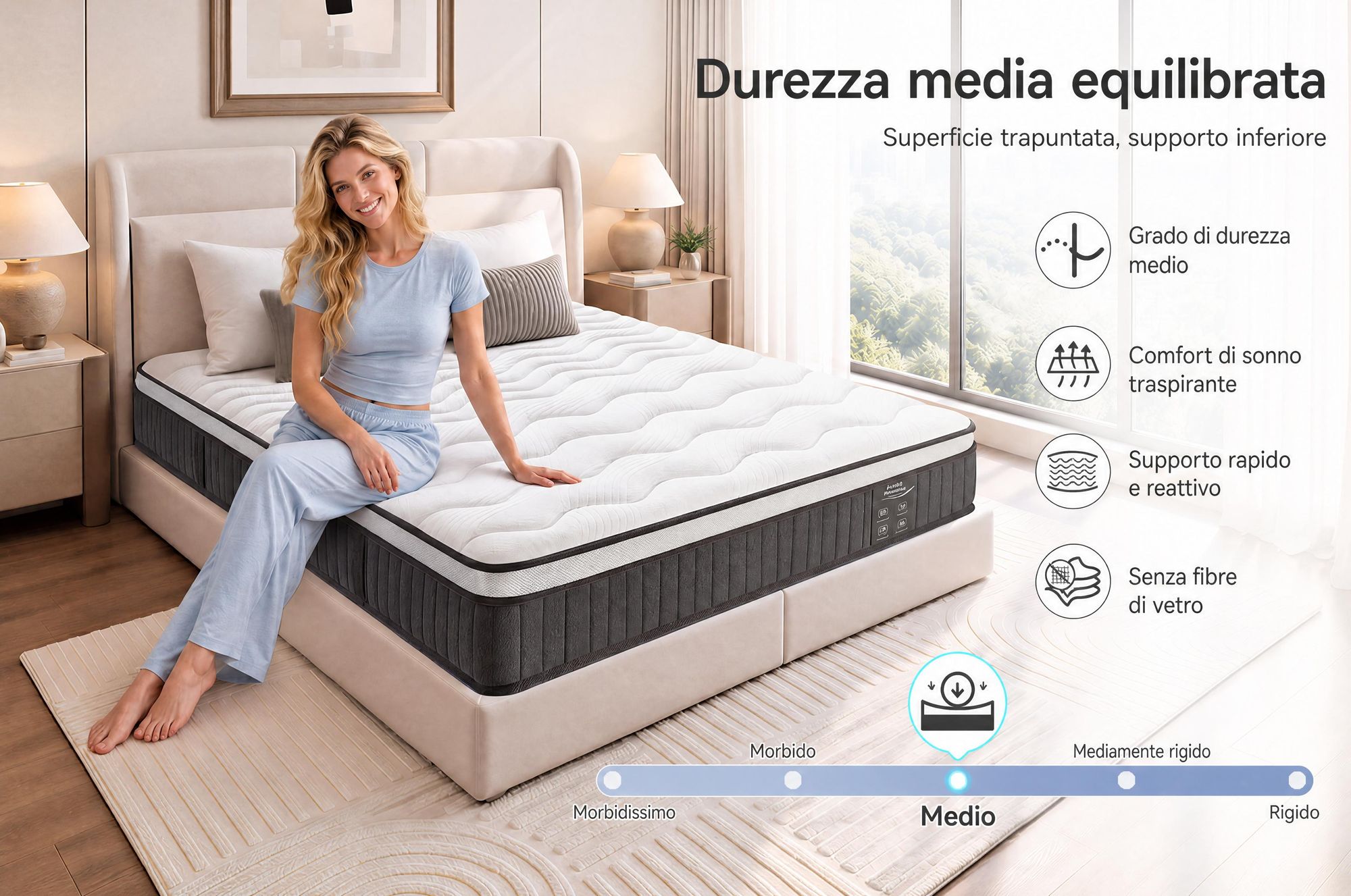 Materassi 140x200 cm, altezza 22 cm, con topper integrato. Materasso a molle insacchettate, 7 zone di comfort, rigidità H3/H4