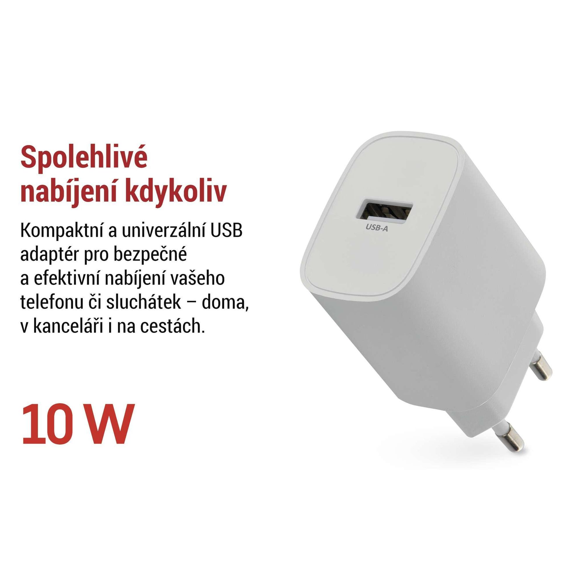 EMOS Nabíječka USB-A 10 W, napájecí zdroj USB bez kabelu, euroadaptér typu USB-A, pro smartphone, iPhone, dobíjecí zařízení, 5 V / 2 A, bílá, V01B10
