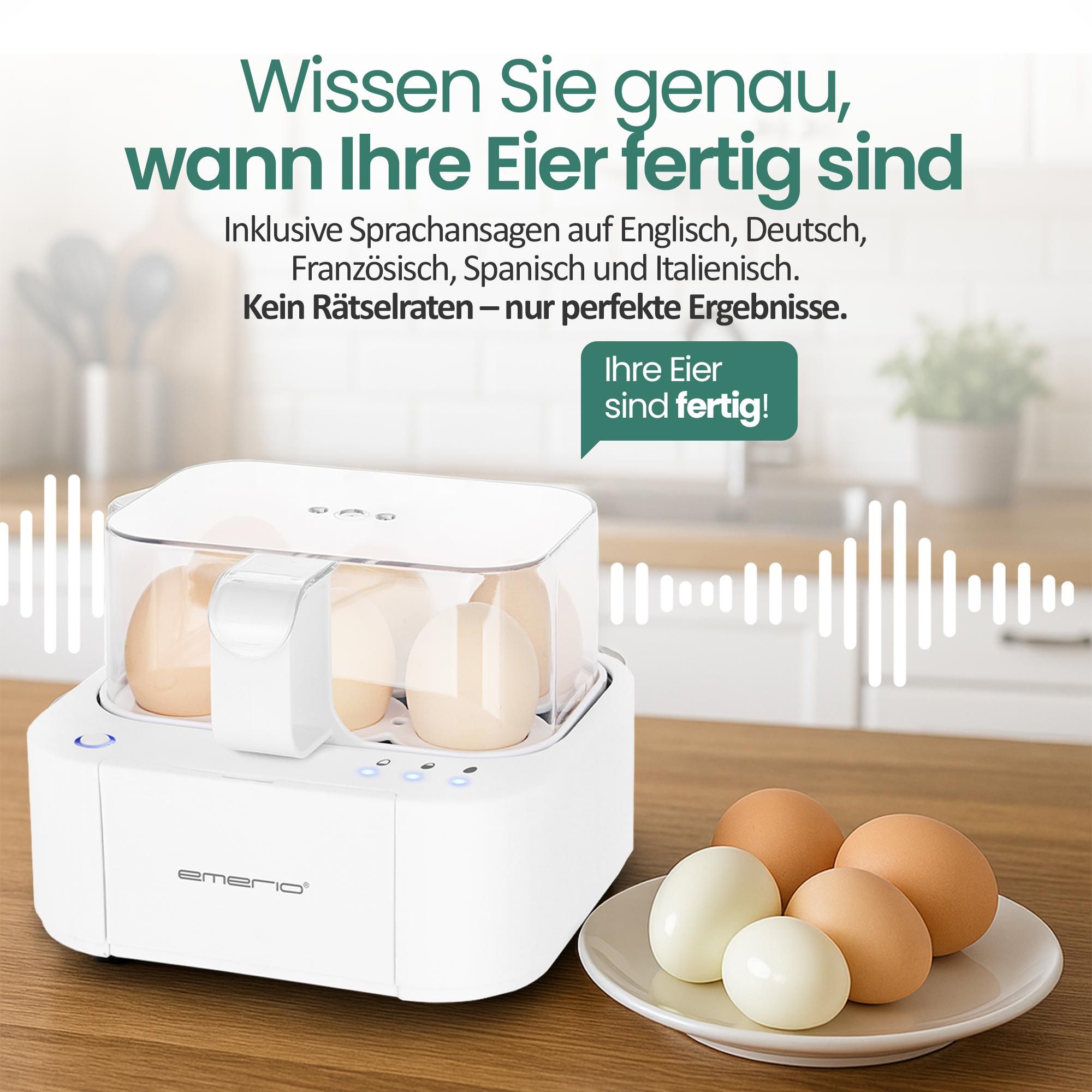 Emerio Smart Eierkocher - 6 Eier, 400W – Sprachansagen mehrsprachig (inkl. Deutsch) – weich/mittel/hart kochen – inklusive Messbecher - EB-115560.14