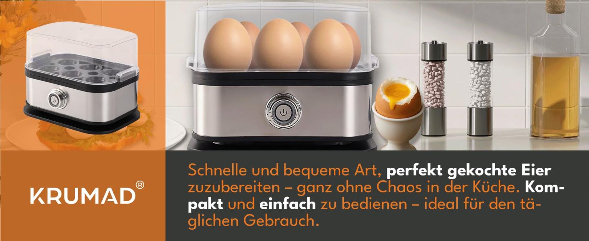 KRUMAD Eierkocher für 6 Eier, 200W Automatisch, Schnell und Effizient, Ideal für Weich, Mittel, Hart, Eierkochen für Familie und Zuhause