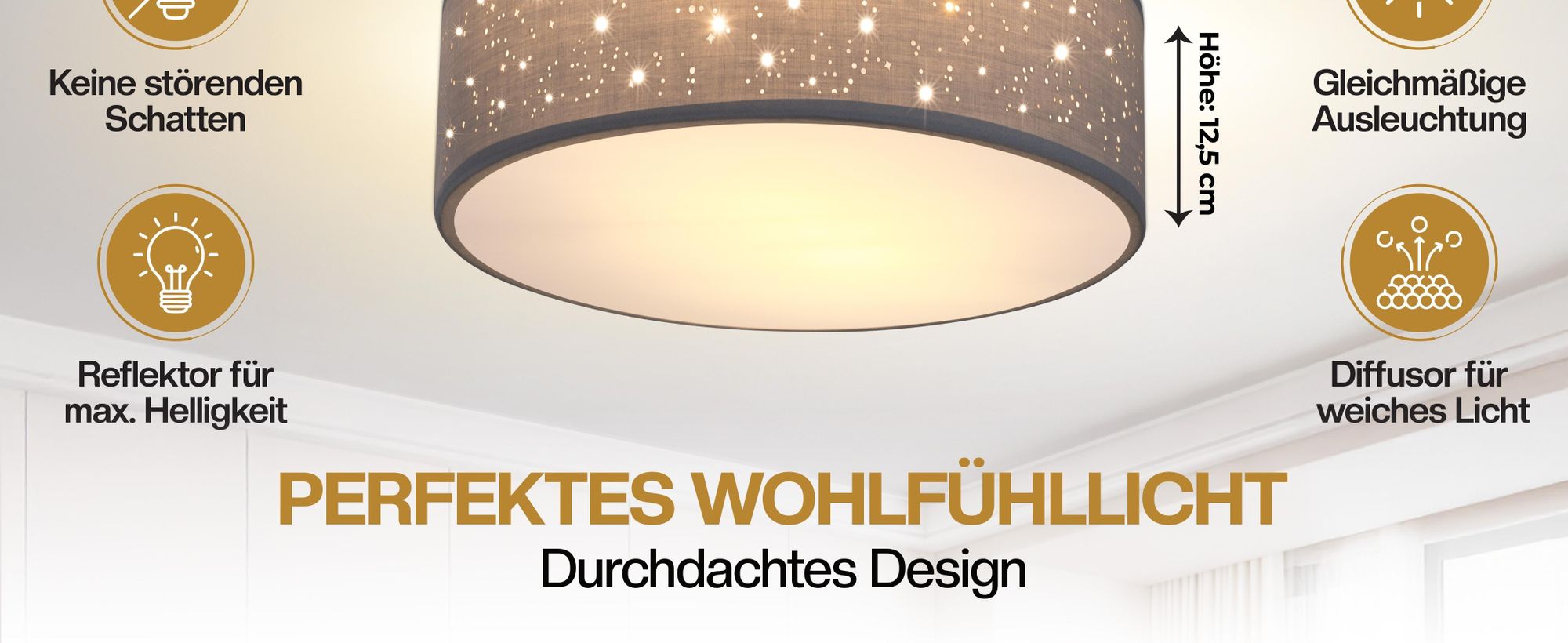 MONZANA® Deckenlampe Sternenhimmel Wohnzimmer Schlafzimmer E27 Grau Rund 30cm Stoffschirm 1-Flammig 40W Küche Lampe Deckenleuchte Stoffdeckenlampe
