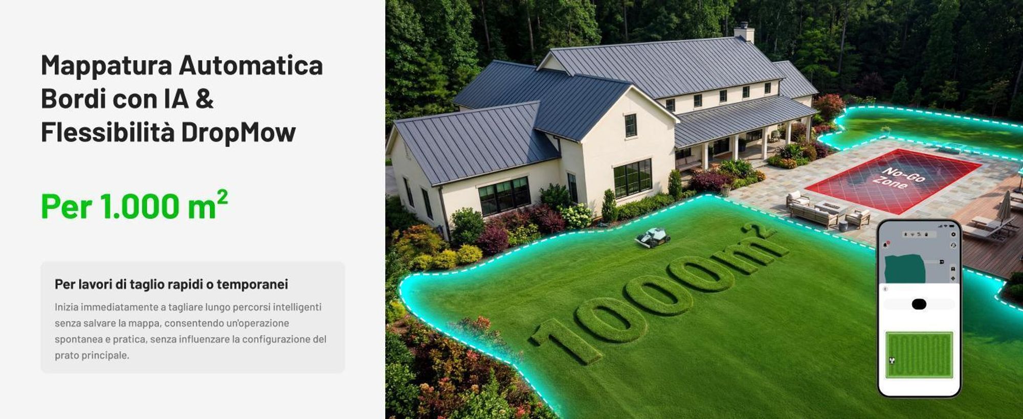 Mammotion LUBA Mini 2 AWD 1000 robot tagliaerba 1000 m², senza filo, taglio bordi, DropMow, mappatura automatica, garage, modulo 4G, app