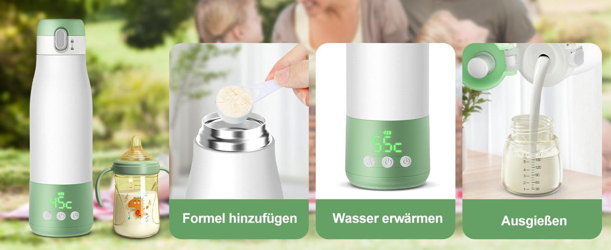 Tragbarer Flaschenwärmer Baby unterwegs für Muttermilch und Wasser, 350ml mit Reinigungsbürste für Reisen, Schnelles Aufheizen, Edelstahl 316, 9000mAh