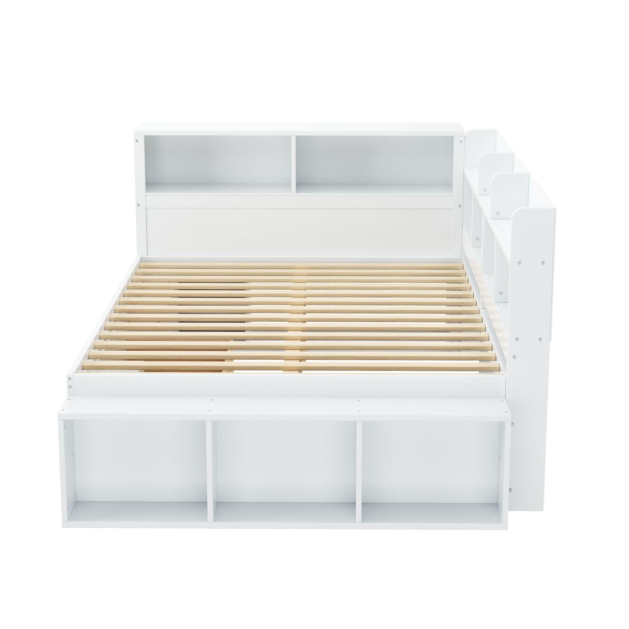 Flieks Holzbett Klassisches Bett Stauraumbett 90x190cm mit Ausziehbarem Schrank, Einzelbett Jugendbett mit Staufach, Kinderbett mit Lattenrost, Weiß