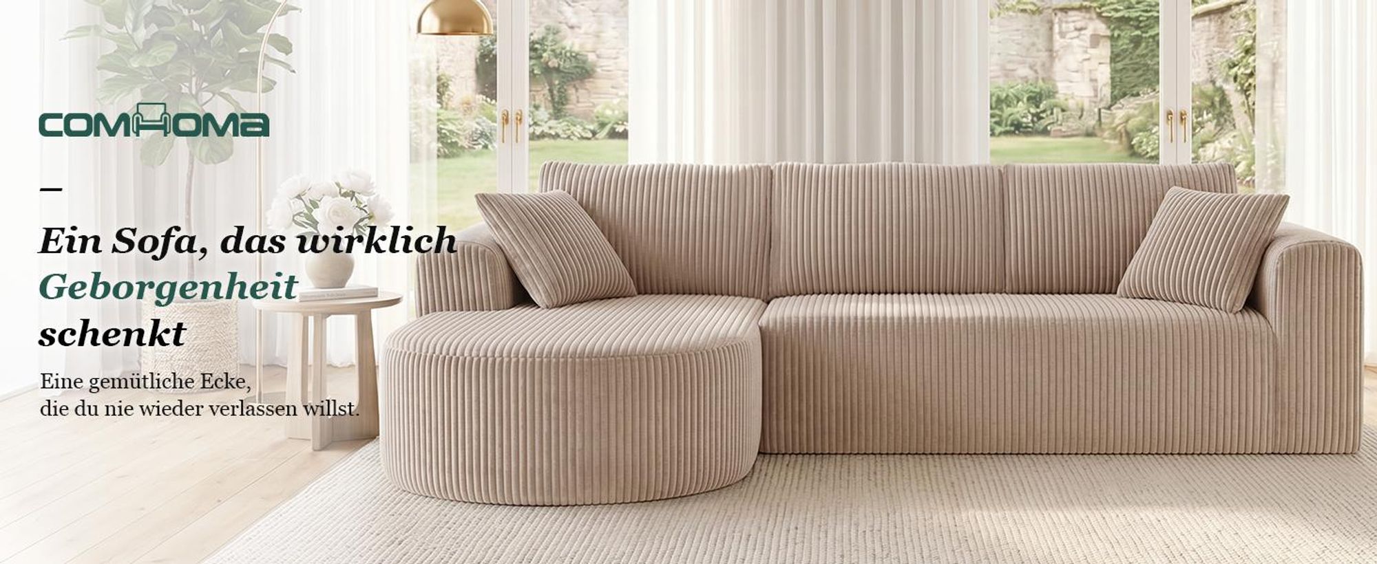 COMHOMA Ecksofa mit Schlaffunktion, 263cm Corduroy Modulares Boneless Couch mit Chaiselongue, L-Form Schlafsofa, Sektionssofas mit Kissen & Seitentasc