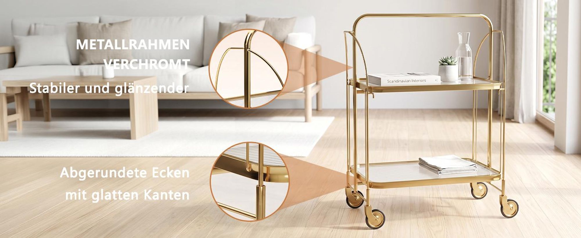 2-stöckiger Servierwagen Edelstahl 68×40×80 cm – klappbar Küchenwagen mit Rollen, robuster Gastronomiewagen für Restaurant, Hotel, Schule, Küche