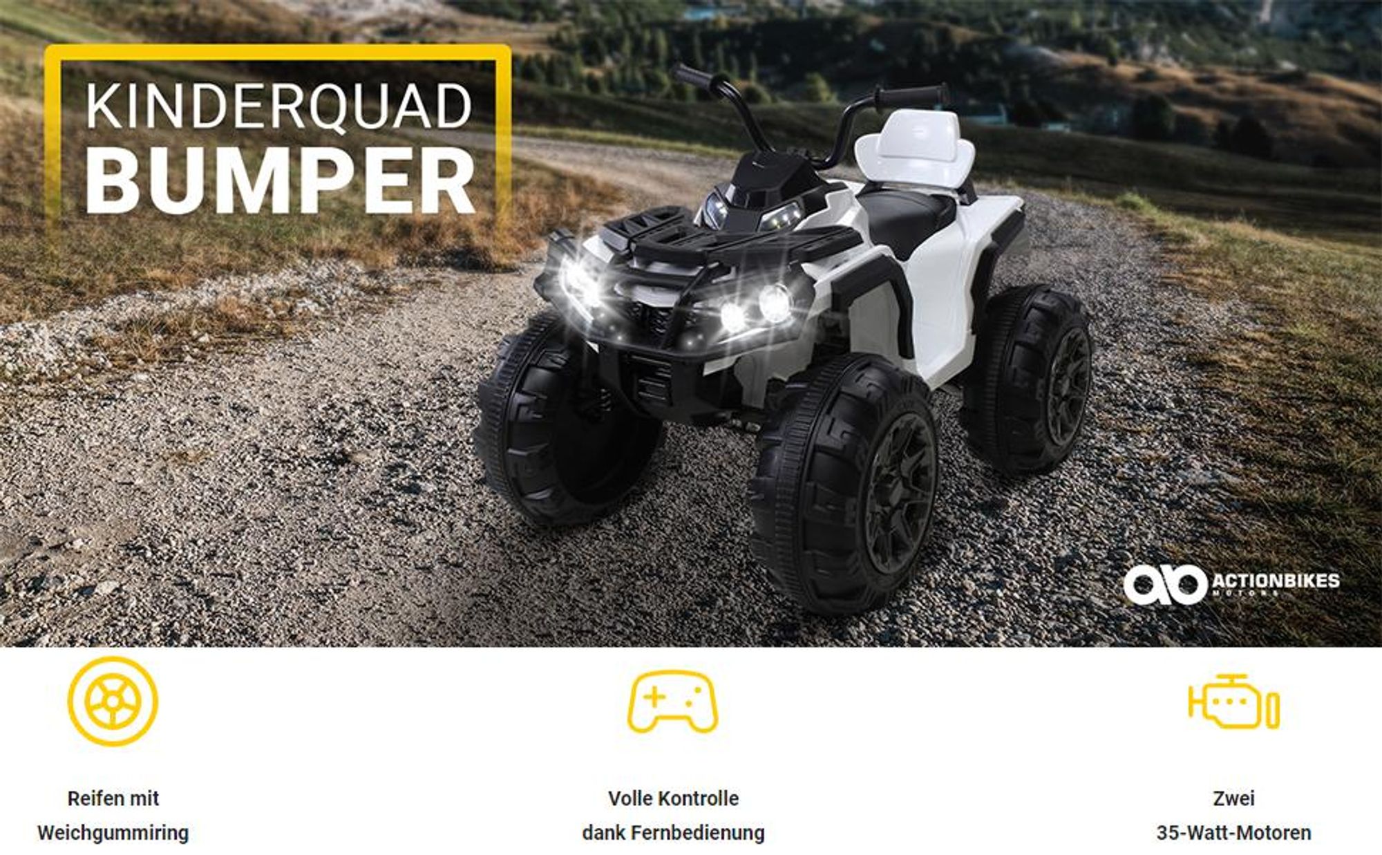 Actionbikes Motors Kinderquad Bumper | Mini Offroad Quad - Pocket Quad - Kinder Elektro Auto - Pitbike - 12V 7Ah - 2x35 Watt - Fernbedienung (Weiß)